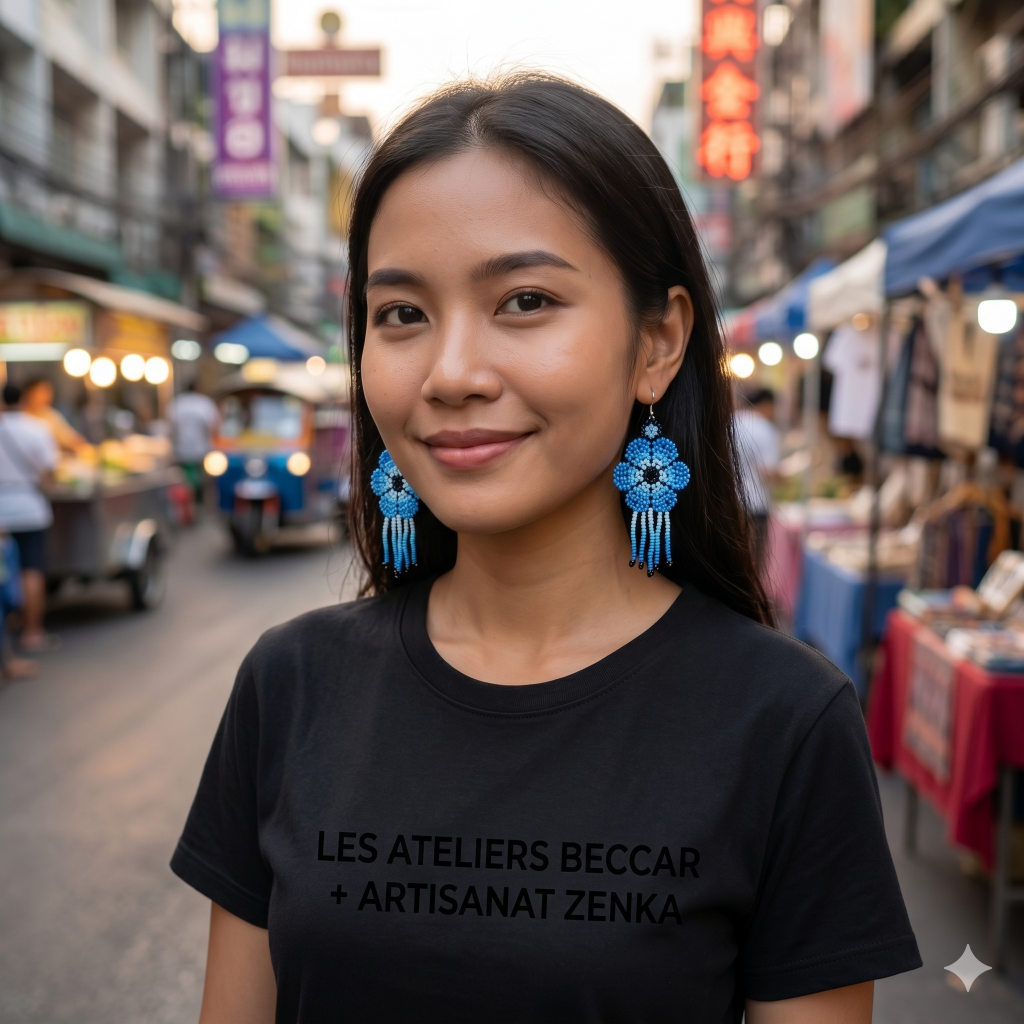 Femme thaïlandaise souriante dans une rue de Bangkok portant des boucles d'oreilles fleurs perlées bleues et un t-shirt noir avec l'inscription Les Ateliers Beccar + Artisanat Zenka.