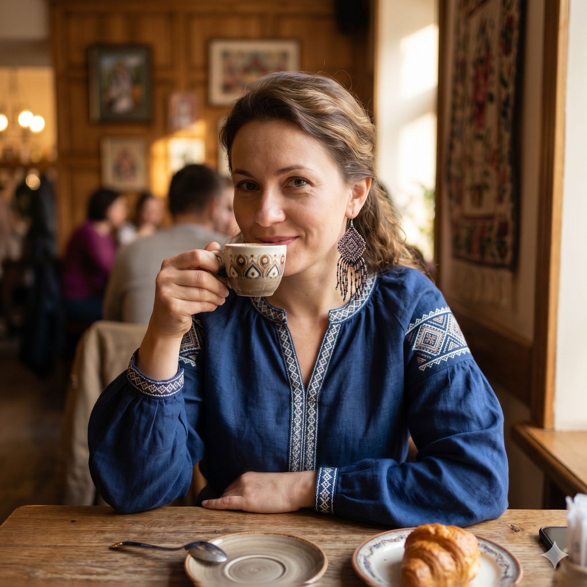 Femme  portant une blouse brodée et les boucles d'oreilles perlées Artisanat Zenka tout en buvant un café dans un restaurant chaleureux.