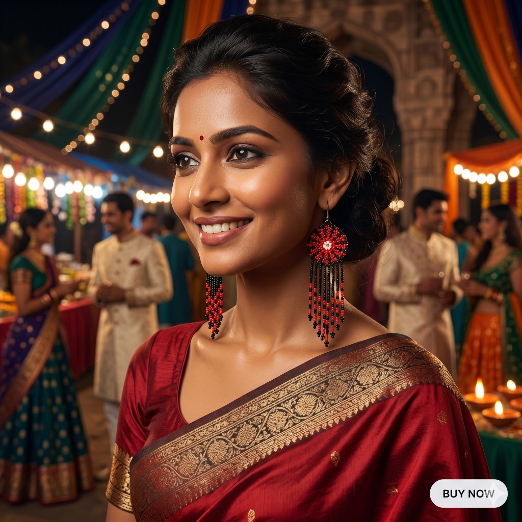 Femme d'origine indienne portant un sari bordeaux et les boucles d'oreilles perlées rouges et noires Artisanat Zenka lors d'une fête illuminée à New Delhi.