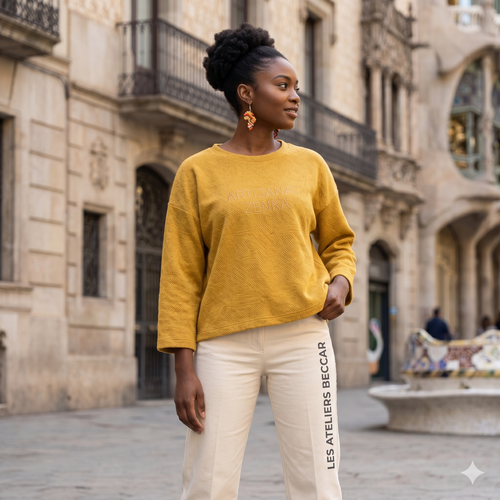 Mannequin noire portant un haut jaune "Artizanat Zenka" et un pantalon "Les Ateliers Beccar", mettant en valeur des boucles d'oreilles artisanales perlées dans les rues historiques de Barcelone.