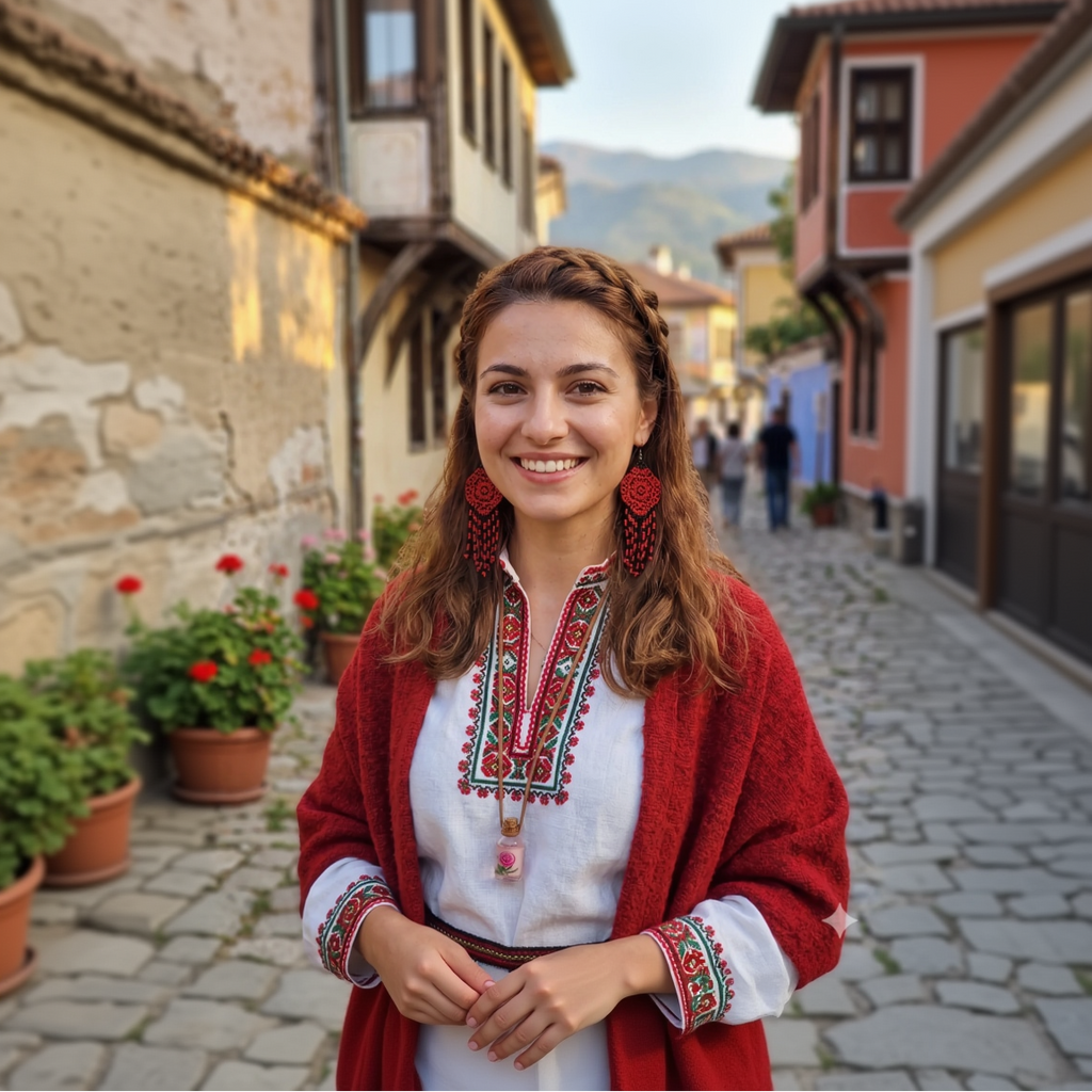Femme souriante portant des boucles d'oreilles pendantes en perles rouges et noires avec des motifs géométriques, devant une architecture européenne traditionnelle.