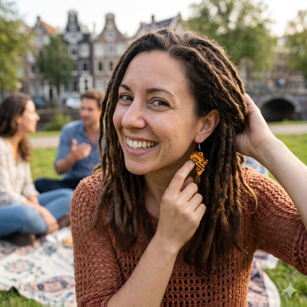Femme souriante avec des dreadlocks et un pull en maille portant les boucles d'oreilles carte d'Afrique lors d'un pique-nique entre amis dans un parc à Amsterdam, mettant en valeur le bijou.