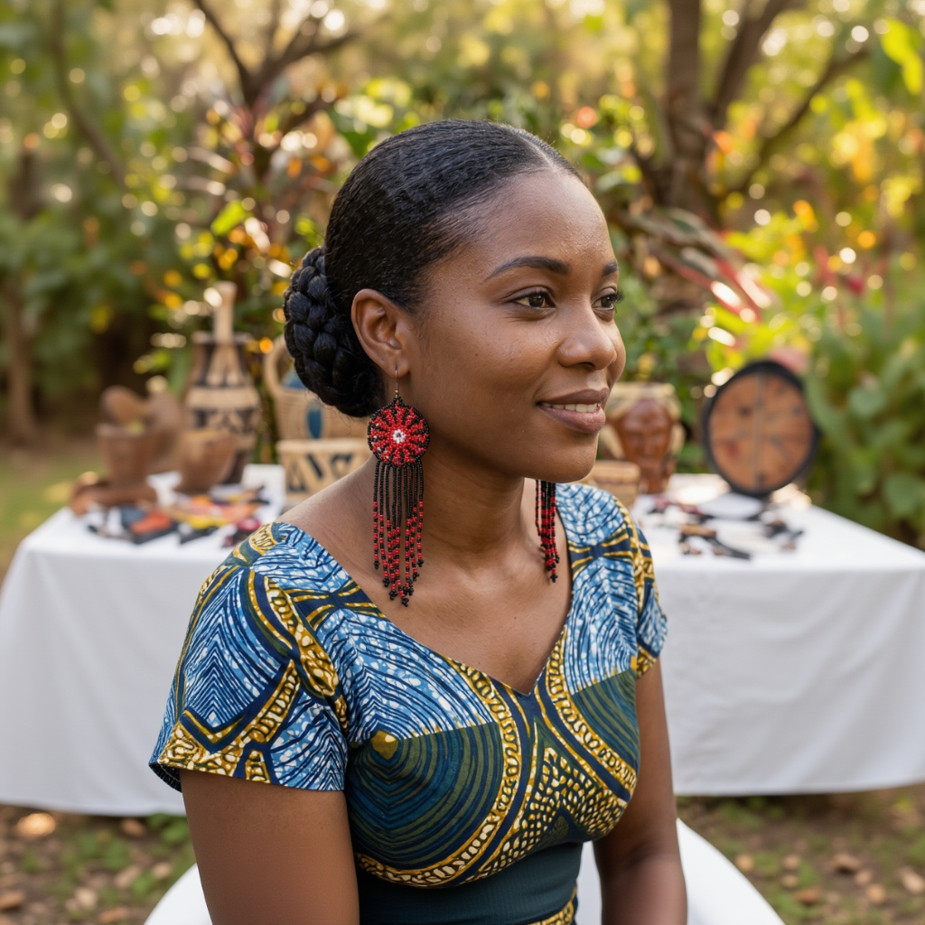 Portrait de profil d'une femme  portant les boucles d'oreilles perlées Artisanat Zenka lors d'un événement culturel en plein air.