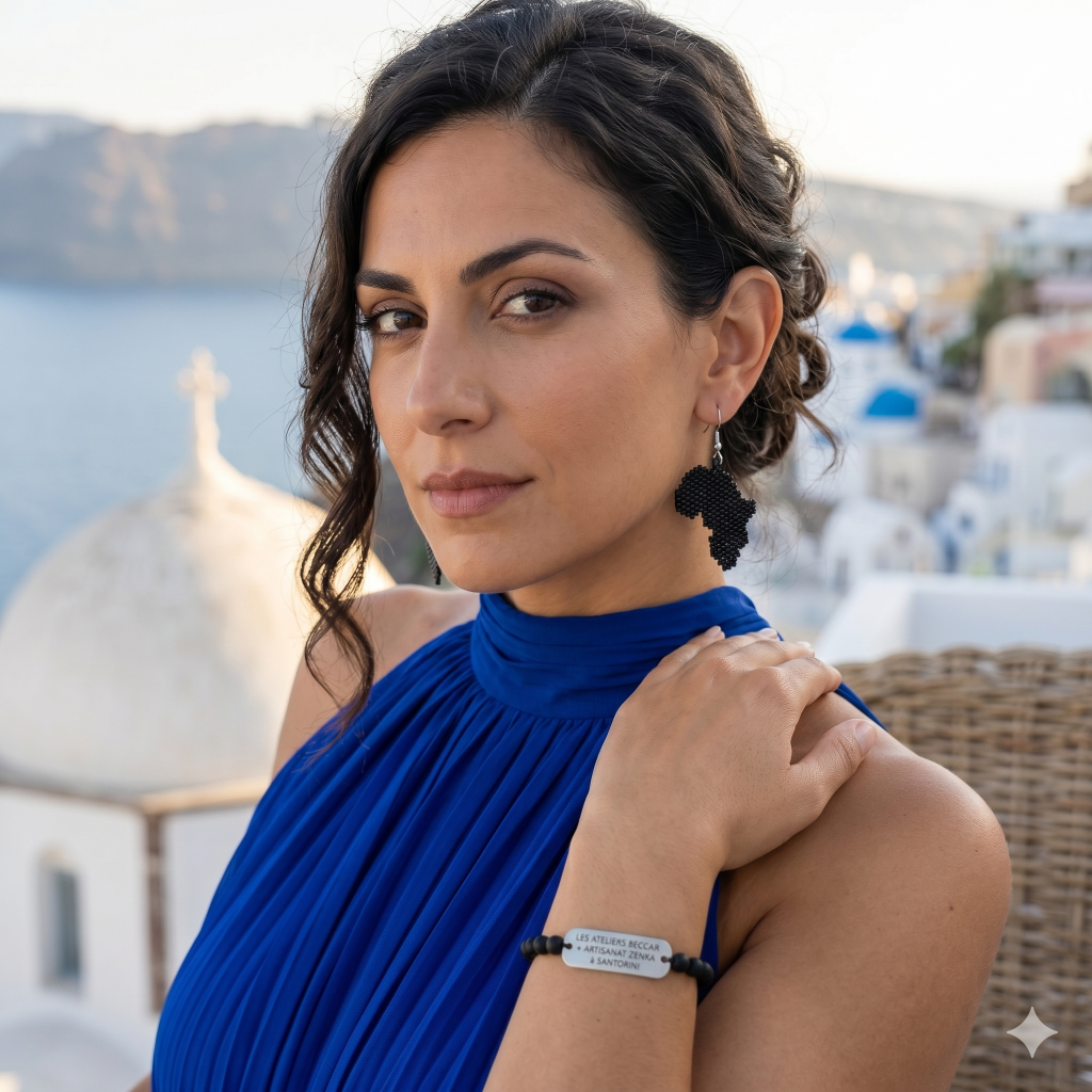 Mannequin à Santorin portant une robe bleu roi et des boucles d'oreilles en perles noires motif Afrique, avec un bracelet Les Ateliers Beccar.