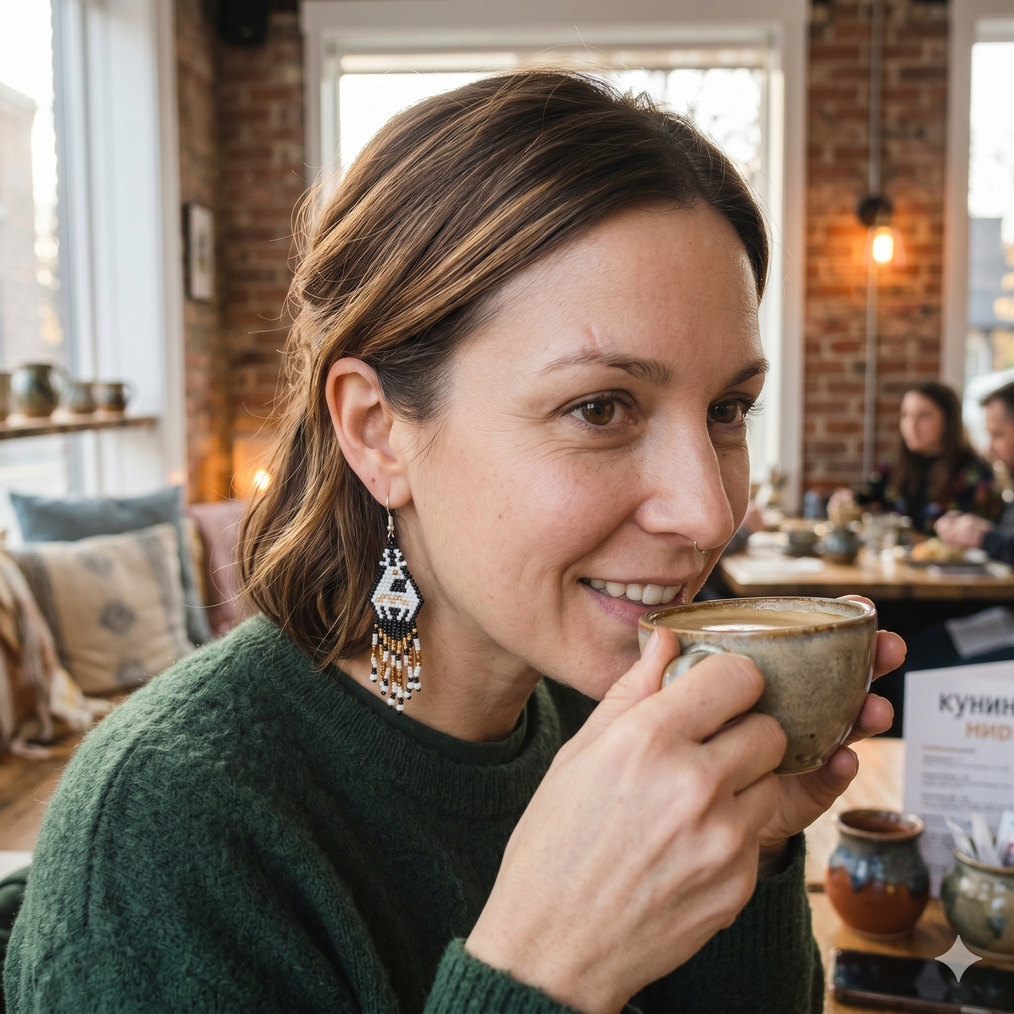 Portrait de profil d'une femme dégustant un café en terrasse, mettant en valeur les longues boucles d'oreilles perlées aux motifs contrastés de chez Artisanat Zenka.