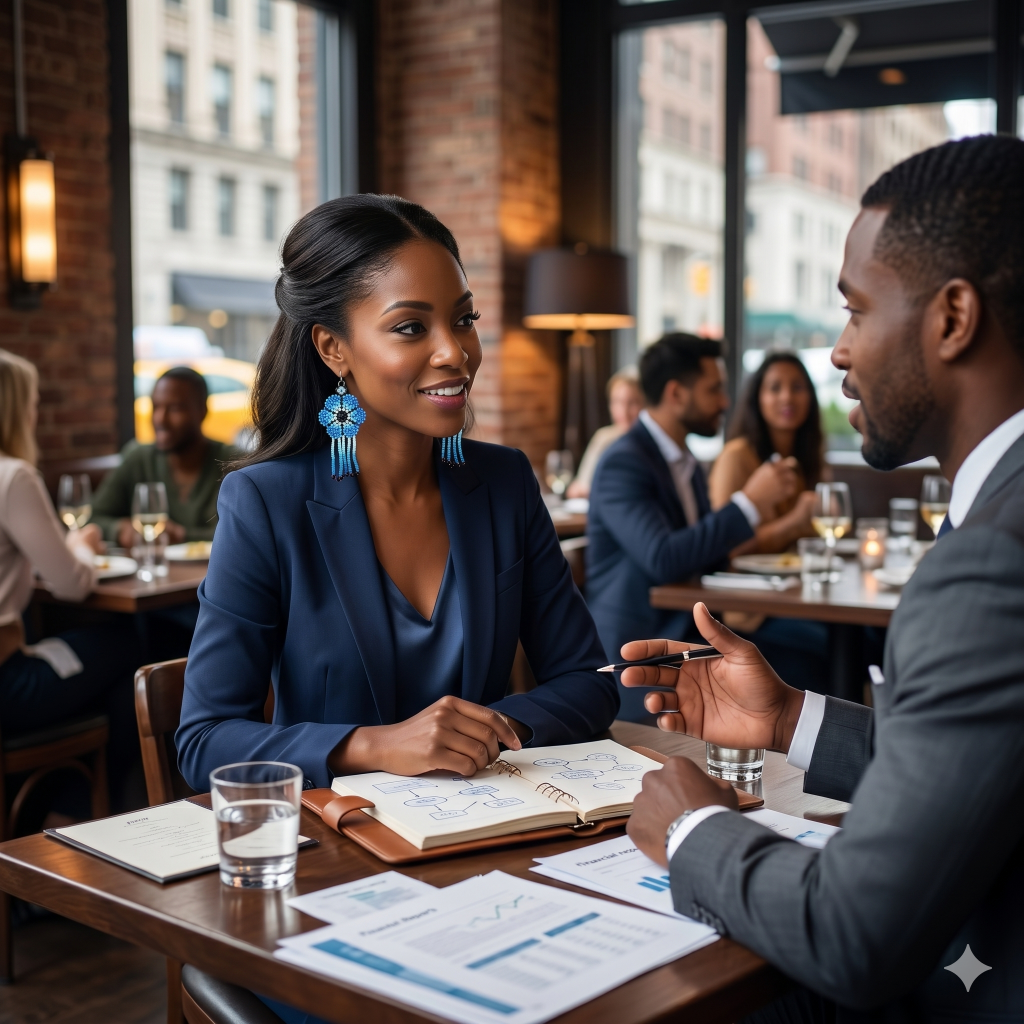 Femme d'affaires noire élégante portant des boucles d'oreilles artisanales bleues lors d'un rendez-vous professionnel dans un restaurant chic à New York.