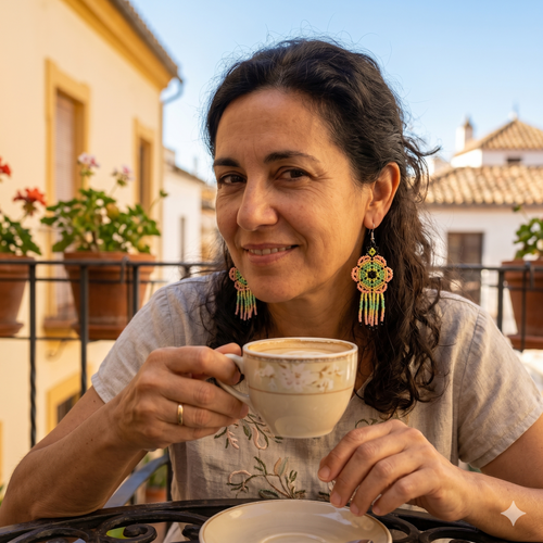 Gros plan d'une femme sur une terrasse espagnole portant des boucles d'oreilles pendantes en perles en forme de fleur, prenant un café.