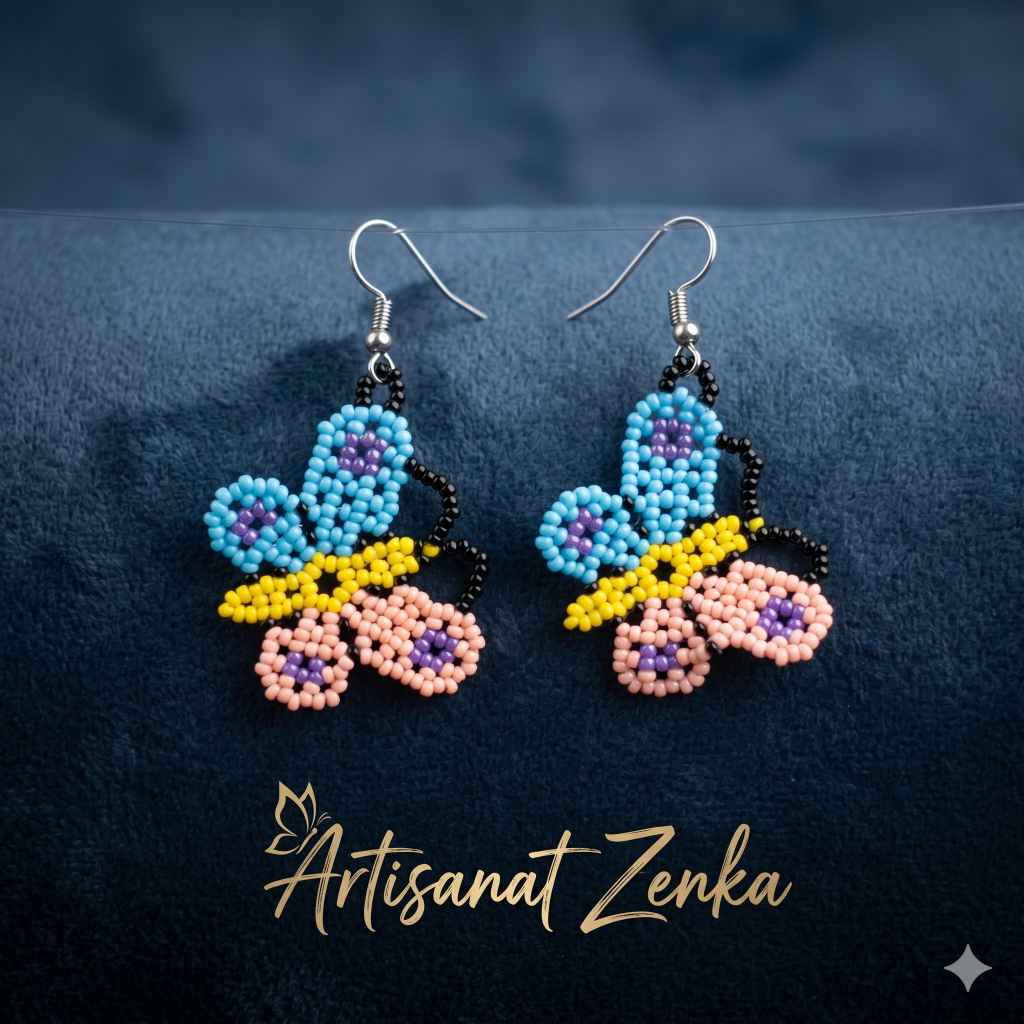 Photo professionnelle des boucles d'oreilles papillon en perles bleues, jaunes et roses sur fond velours bleu marine avec logo doré Artisanat Zenka.