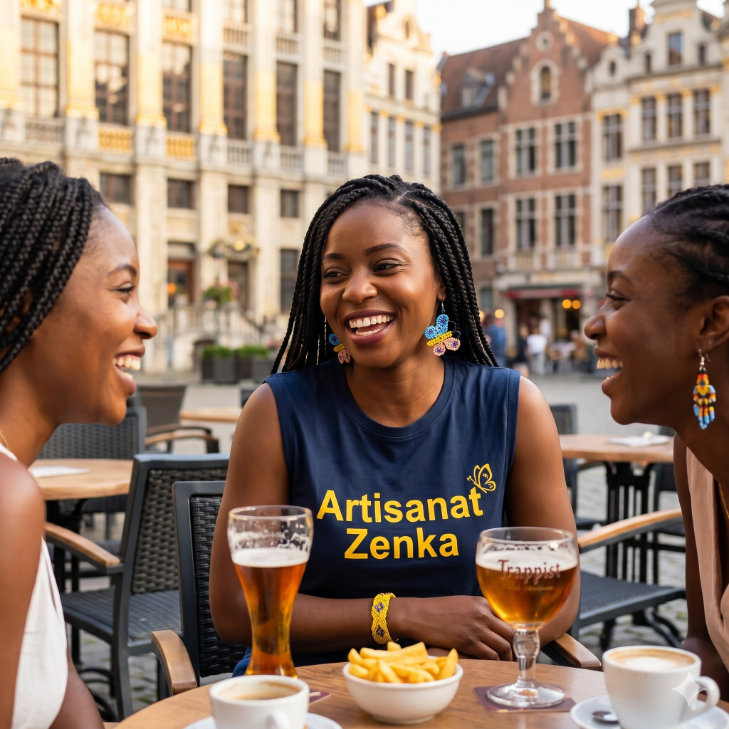 Belle Femme  avec des tresses portant un t-shirt bleu Artisanat Zenka et des boucles d'oreilles papillon en perles sur une terrasse historique en Belgique.