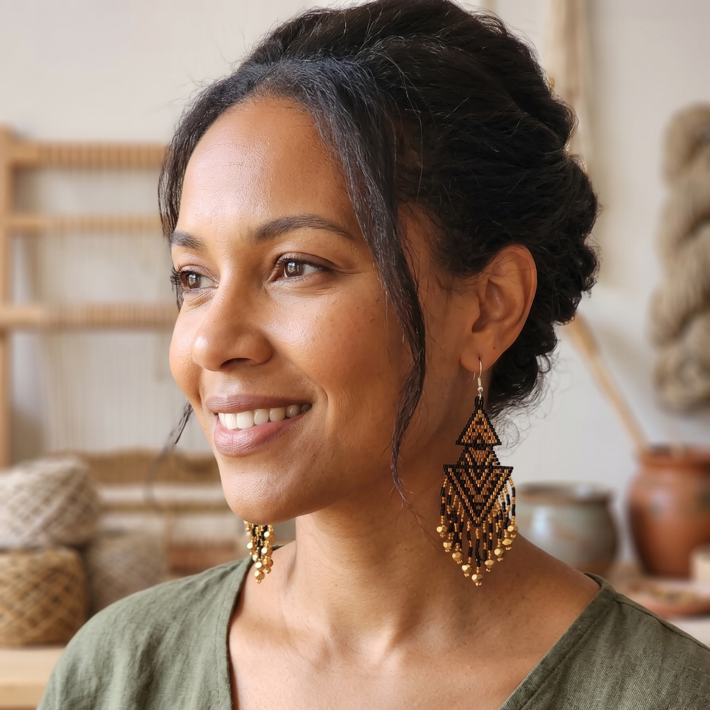 Portrait de profil d'une femme souriante portant des boucles d'oreilles pendantes Artisanat Zenka en perles tissées noires et dorées, dans un atelier aux tons naturels.