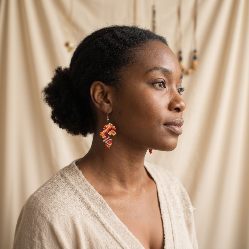 Portrait de profil d'une femme portant des boucles d'oreilles artisanales en perles aux motifs géométriques orange et rouge grenade, collection Artisanat Zenka.