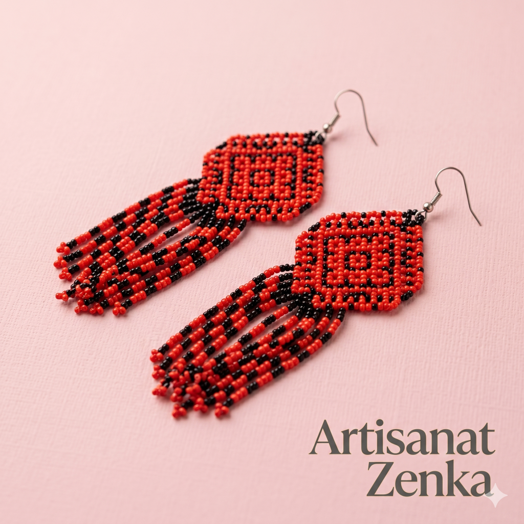 Vue rapprochée professionnelle des boucles d'oreilles en perles rouges et noires sur un fond rose texturé, avec l'inscription Artisanat Zenka.