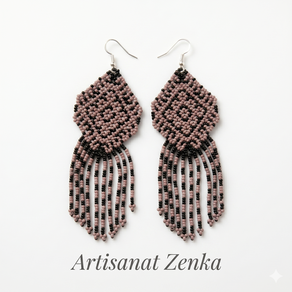 Paire de boucles d'oreilles artisanales Artisanat Zenka en perles rouges, noires et blanches avec médaillon central et longues franges perlées sur fond blanc.