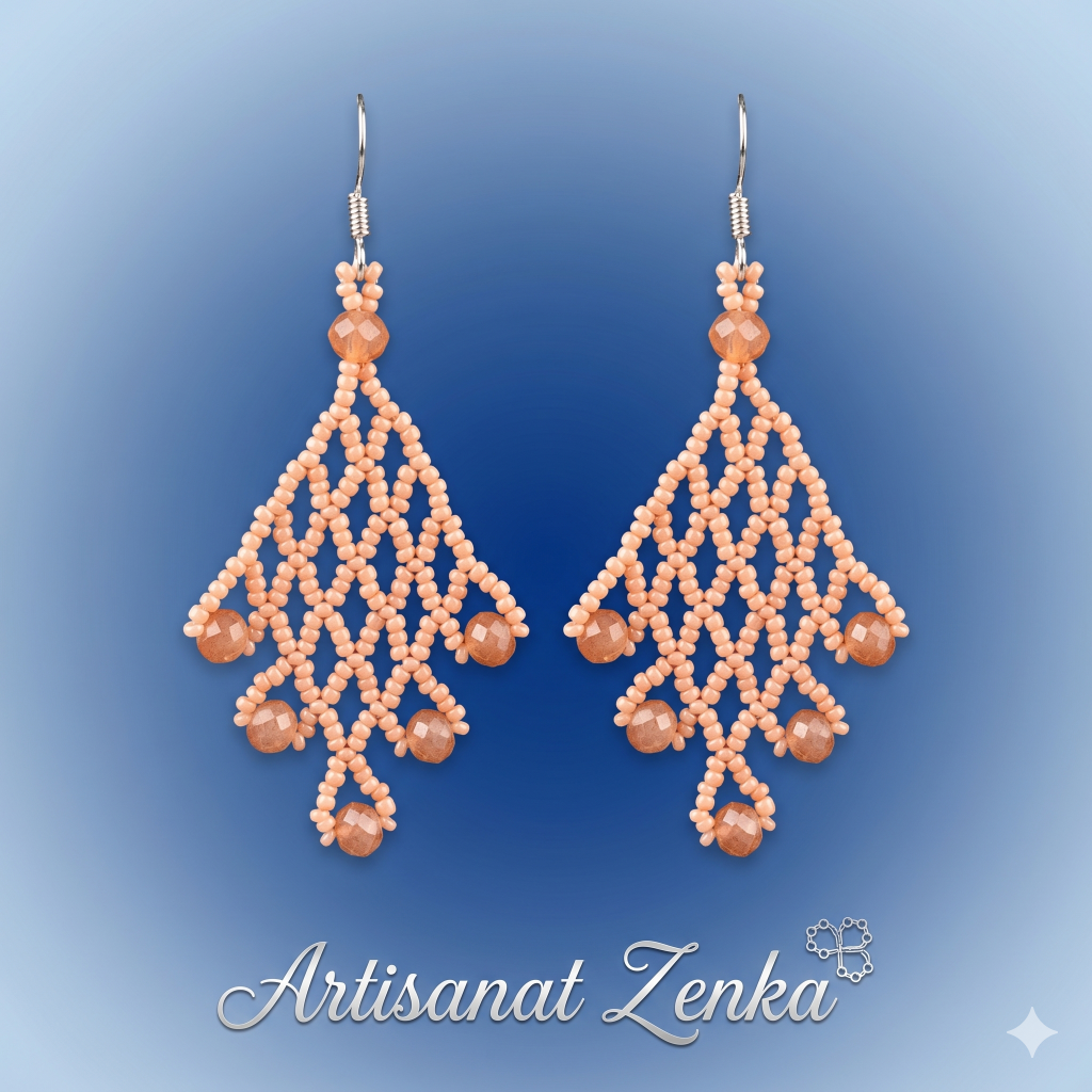 aire de boucles d'oreilles artisanales en perles roses et pierres naturelles sur fond bleu dégradé avec signature Artisanat Zenka, vue de face professionnelle.