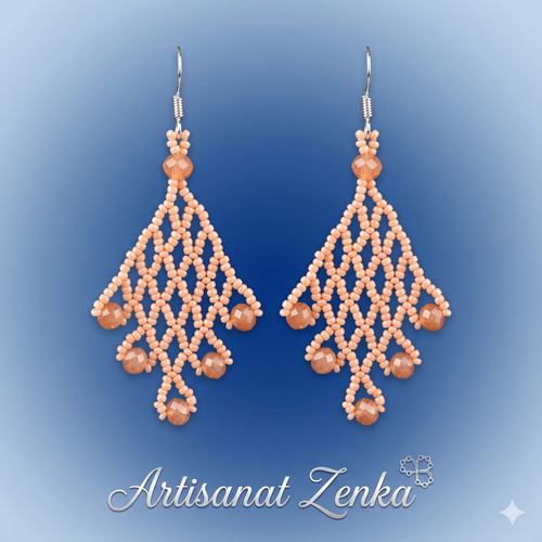 aire de boucles d'oreilles artisanales en perles roses et pierres naturelles sur fond bleu dégradé avec signature Artisanat Zenka, vue de face professionnelle.