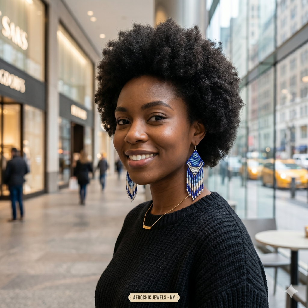 Portrait d'une femme noire avec une coupe afro dans un centre commercial de New York, portant des boucles d'oreilles artisanales bleues.