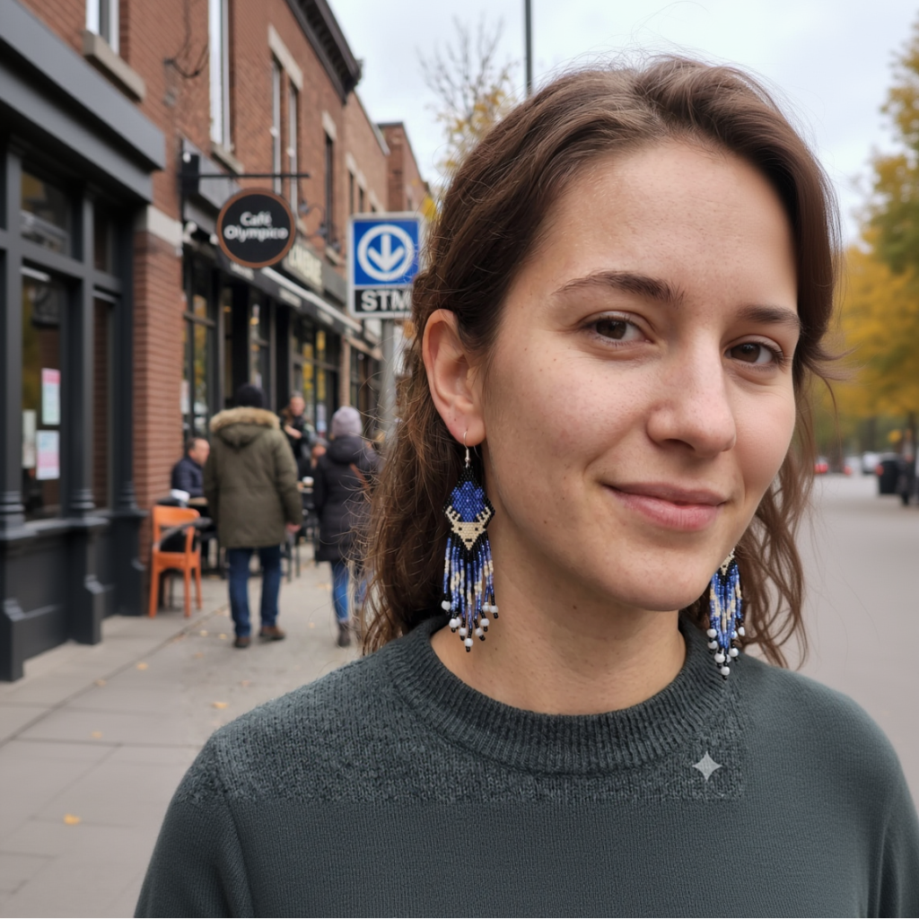Gros plan d'une femme souriante à Montréal portant des boucles d'oreilles pendantes en perles bleues et blanches de style géométrique.
