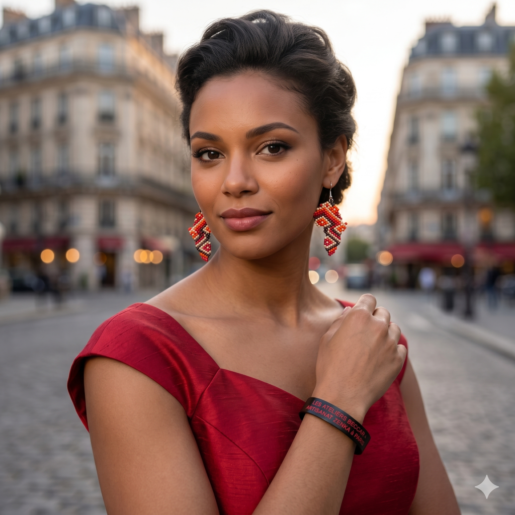 Femme élégante portant des boucles d'oreilles en perles colorées en forme d'Afrique devant une rue de Paris, vêtue d'une robe rouge grenade et d'un bracelet noir marqué Les Ateliers Beccar et Artisanat Zenka.