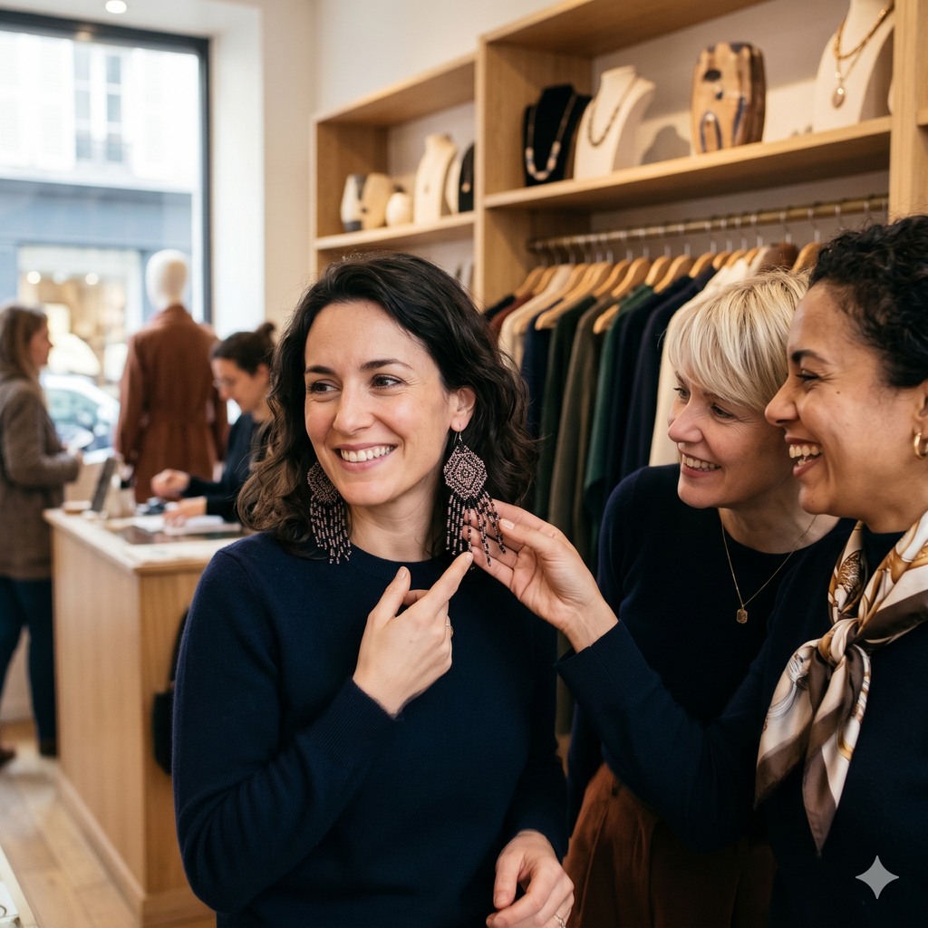 Femme élégante essayant les boucles d'oreilles Artisanat Zenka dans une boutique de mode à Paris, entourée de ses amies qui admirent le bijou.