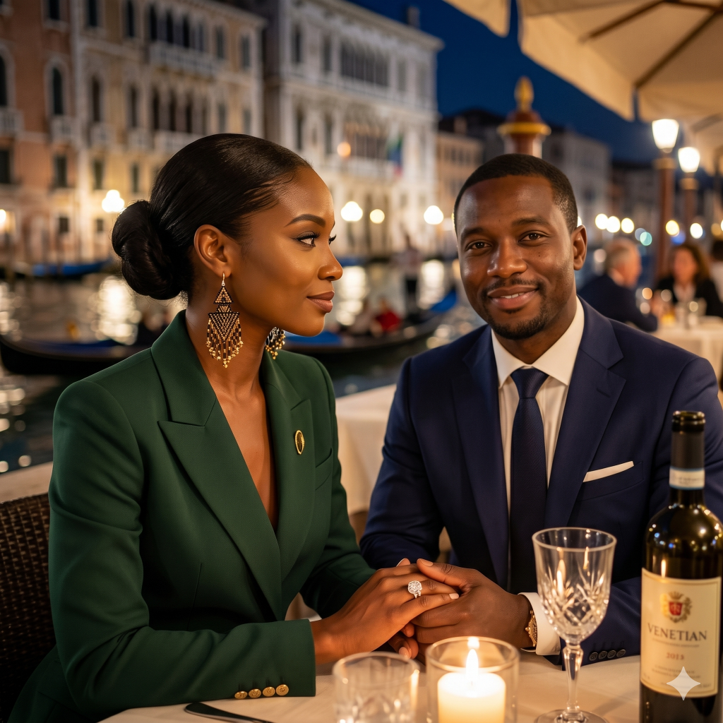 Femme d'affaires élégante en tailleur vert émeraude portant de grandes boucles d'oreilles artisanales dorées lors d'un dîner romantique avec son fiancé au bord d'un canal à Venise.