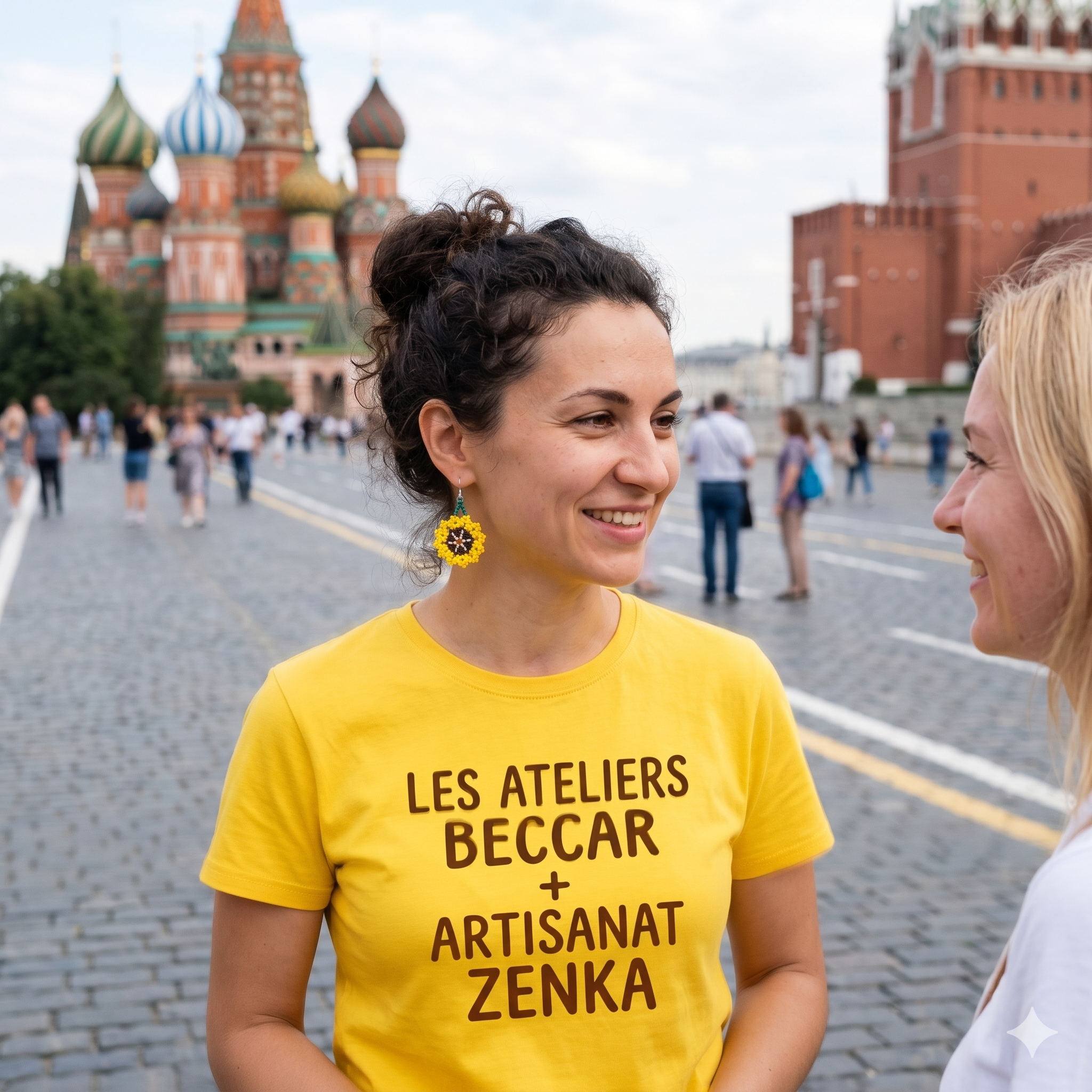 Femme souriante sur la Place Rouge à Moscou portant des boucles d'oreilles en perles en forme de tournesol et un t-shirt jaune "Les Ateliers Beccar + Artisanat Zenka".