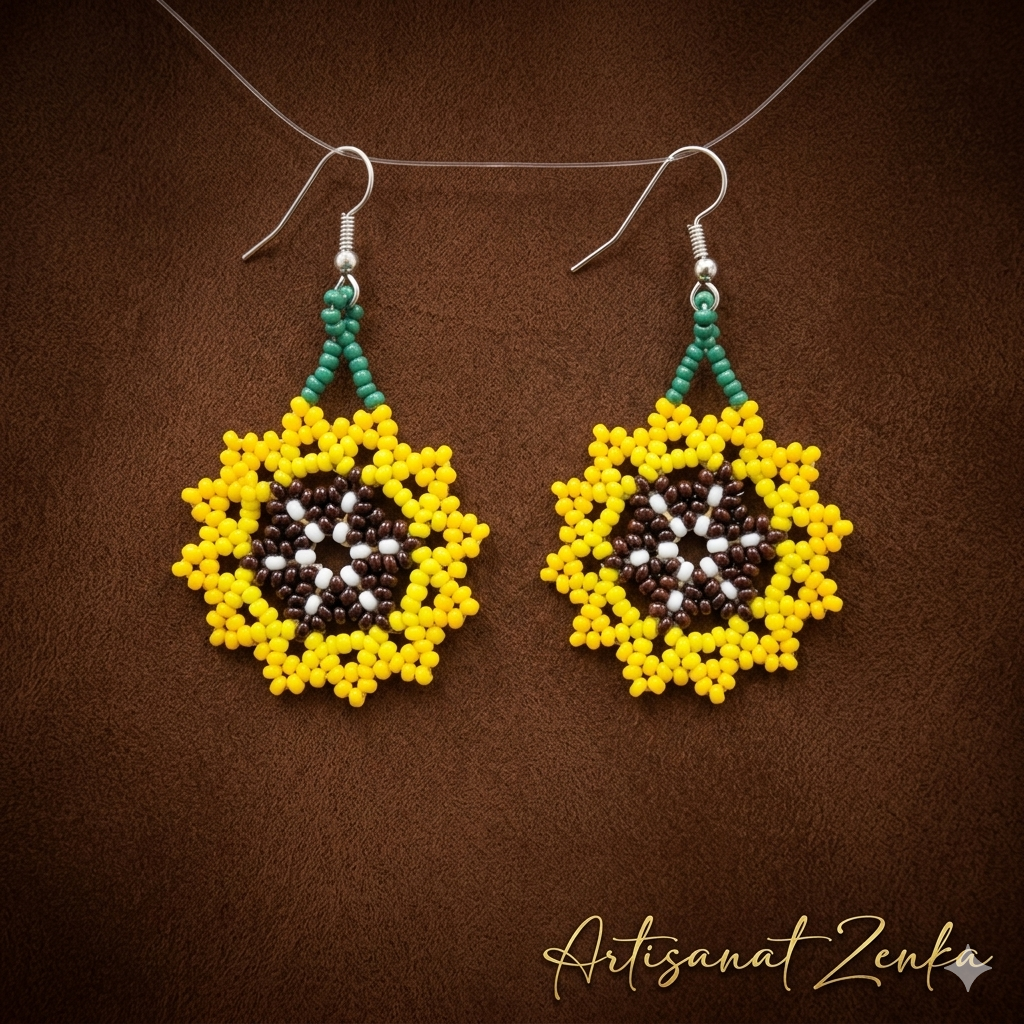 Vue de face professionnelle de boucles d'oreilles artisanales en perles jaunes, marron et vertes en forme de tournesol sur un fond texturé marron avec la signature dorée Artisanat Zenka.