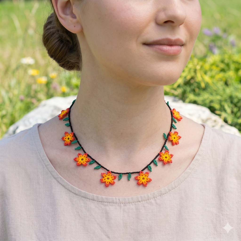 Portrait d'une femme portant le collier Fleurs de Soleil de l'Atelier Beccar. Le bijou floral en perles se détache sur un haut beige, avec un arrière-plan naturel de prairie ensoleillée.