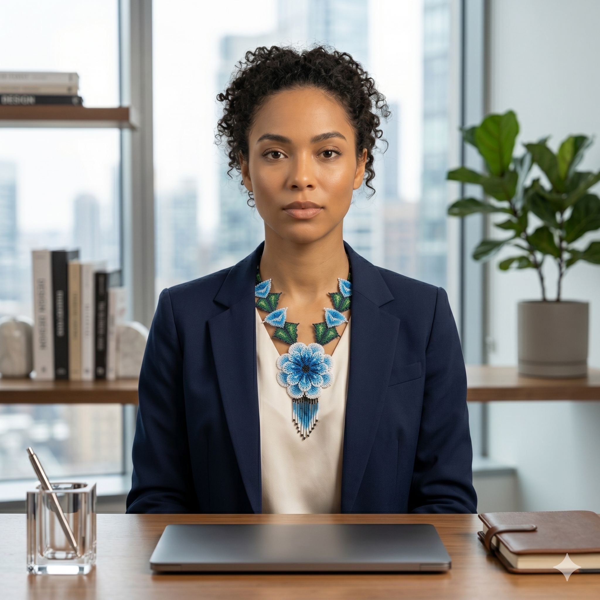 Femme d'affaires portant un collier de perles floral bleu sur un blazer bleu marine dans un bureau moderne avec vue sur la ville.