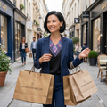 Femme élégante marchant dans une rue de luxe avec des sacs de shopping Les Ateliers Beccar, portant un collier de perles géométriques, style chic parisien.