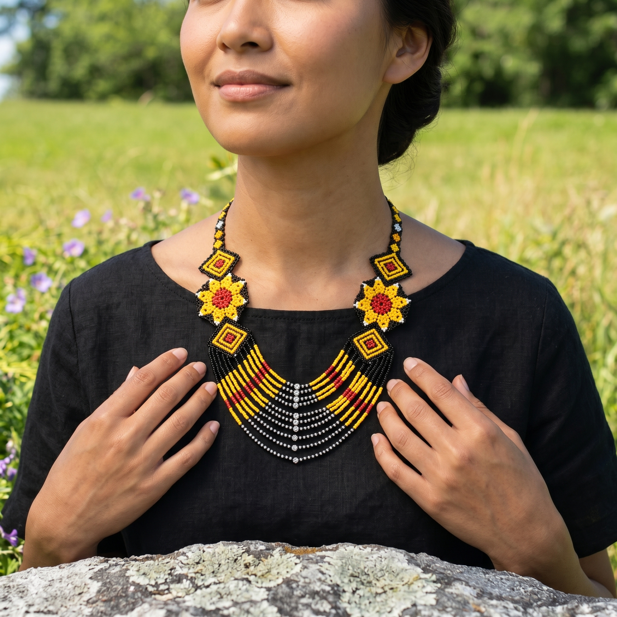 Close-up d'une femme portant une robe noire et le grand collier pectoral en perles des Ateliers Beccar, avec ses motifs de tournesols jaunes et rouges.