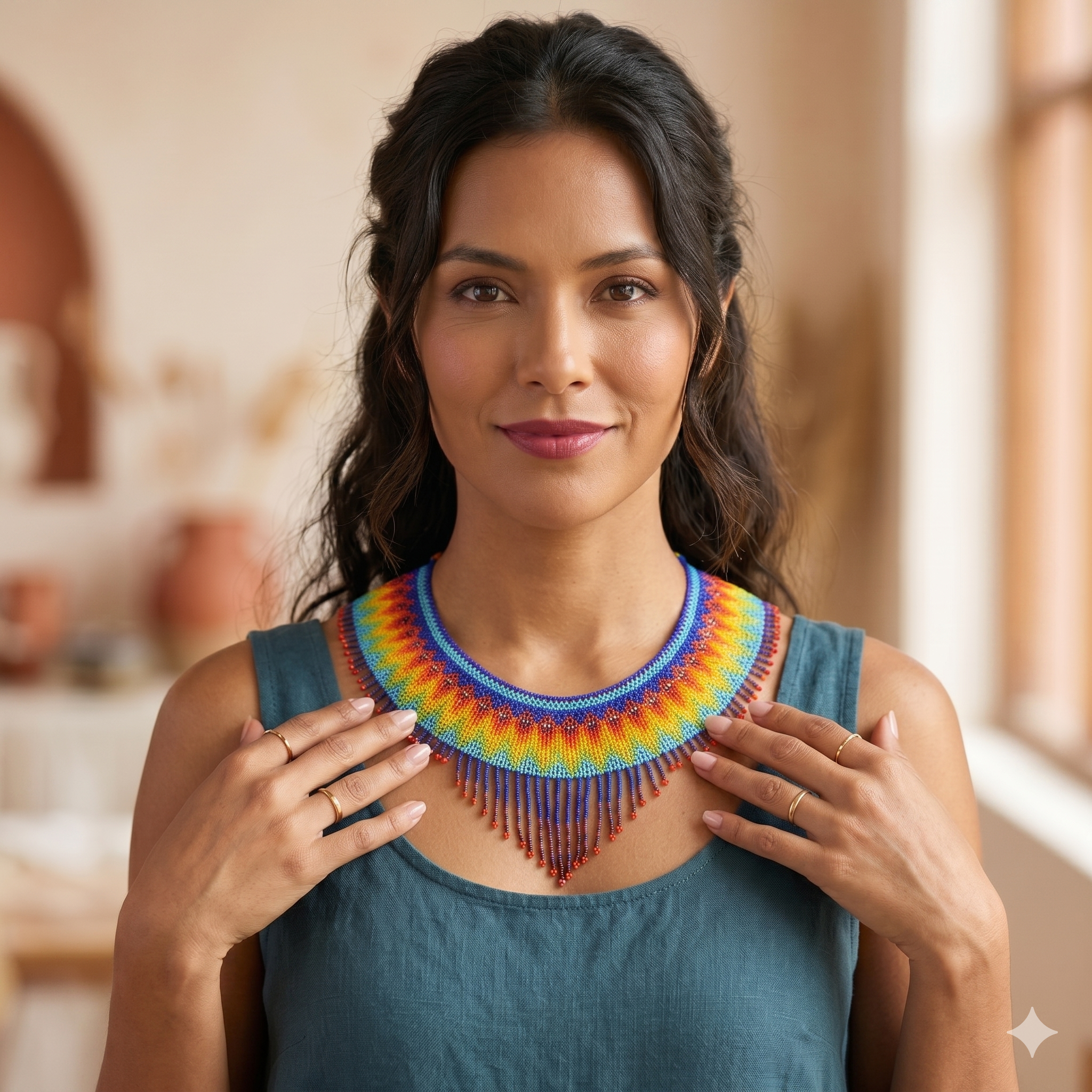Gros plan sur un collier plastron artisanal en perles de verre aux couleurs de l'arc-en-ciel, design géométrique vibrant pour femme élégante.