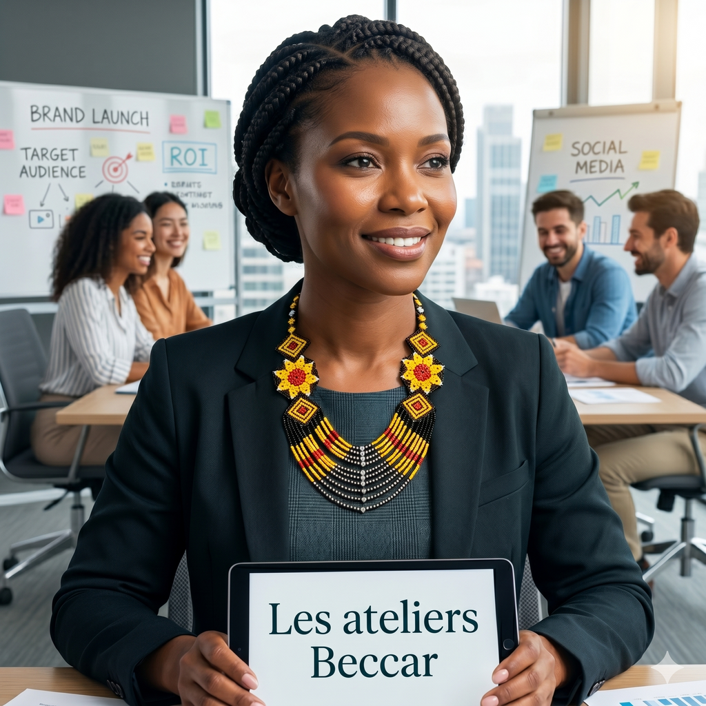 Femme élégante, cheffe d'équipe marketing, portant un collier pectoral artisanal en perles jaune et noir des Ateliers Beccar dans un bureau.