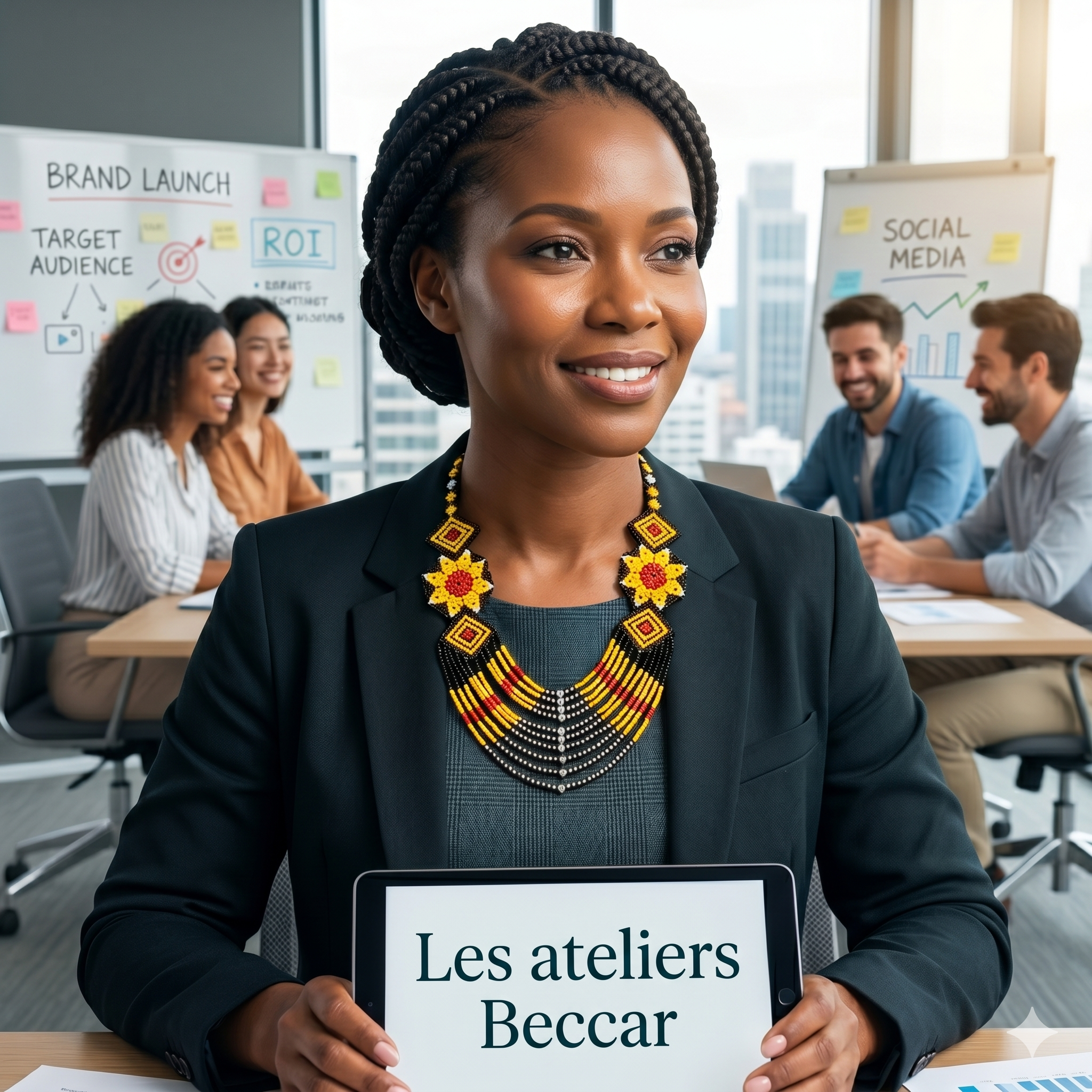 Femme élégante, cheffe d'équipe marketing, portant un collier pectoral artisanal en perles jaune et noir des Ateliers Beccar dans un bureau.