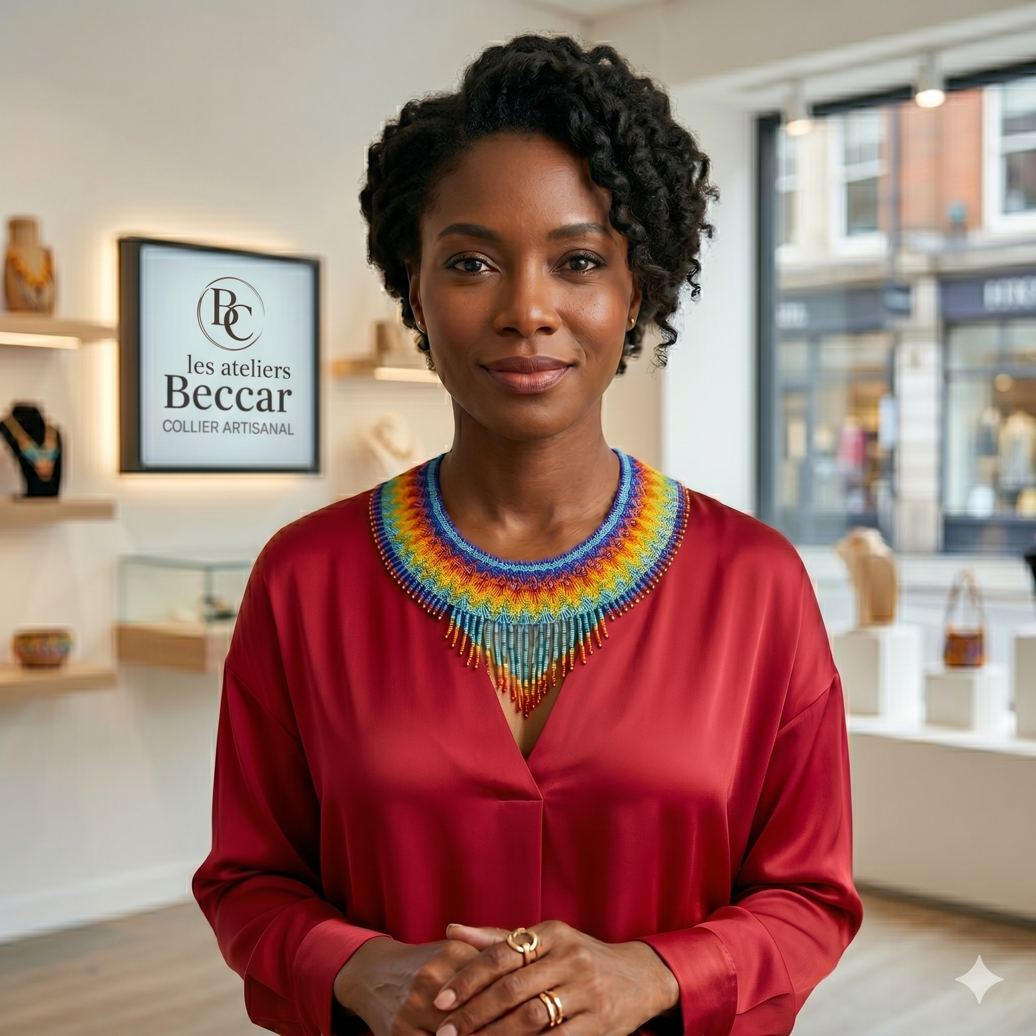 Femme portant une robe rouge à col large et un collier en perles artisanales multicolores, devant le logo BC des Ateliers Beccar.