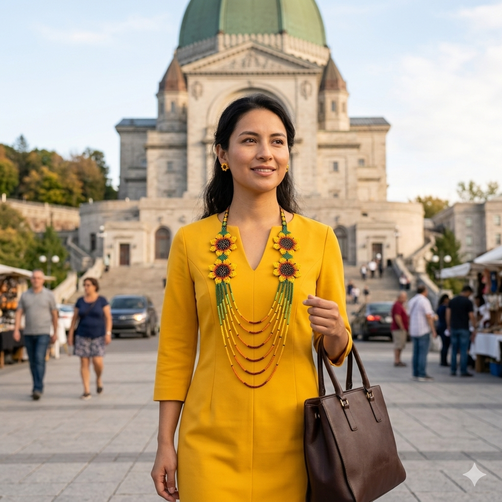 Jeune femme professionnelle en robe jaune portant un collier artisanal à motifs tournesols devant l'Oratoire Saint-Joseph à Montréal.