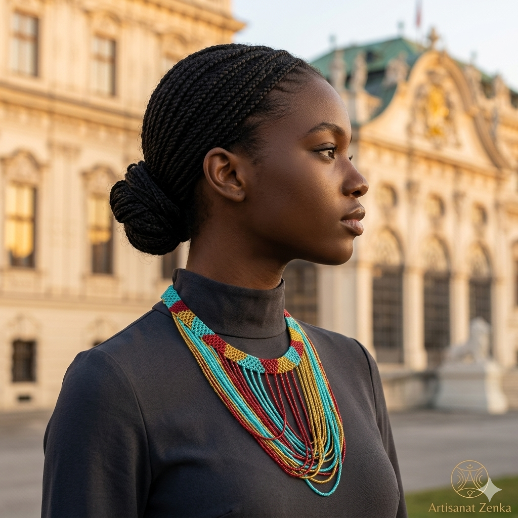 Photo de profil d'une femme noire avec des tresses en chignon, portant un collier de perles colorées Artisanat Zenka, posant devant l'architecture baroque du château de Schonbrunn à Vienne.