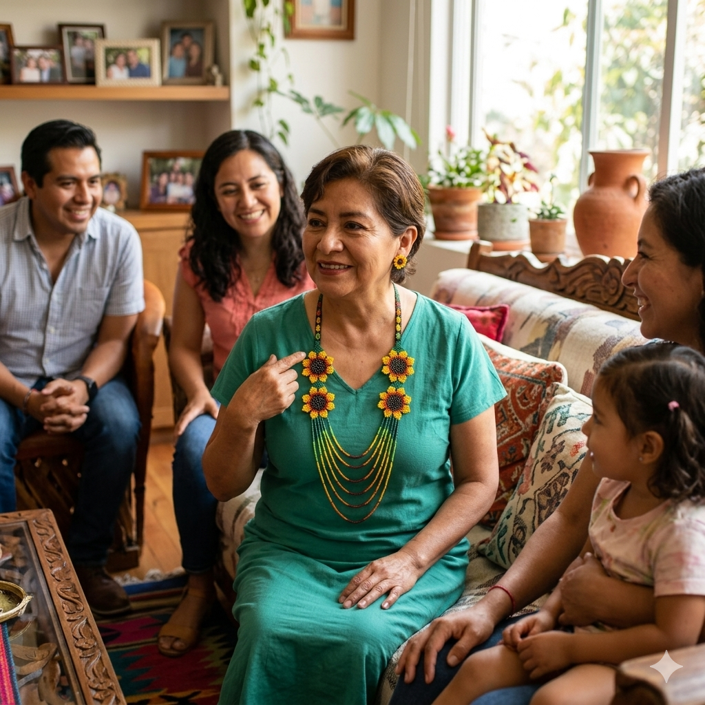 Femme souriante en robe turquoise portant un grand collier de perles tournesol lors d'une réunion de famille chaleureuse dans un salon.
