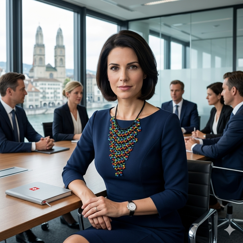 Une femme d'affaires portant un collier plastron coloré de la collection Artisanat Zenka lors d'une réunion professionnelle à Zurich, avec une vue sur la ville en arrière-plan.