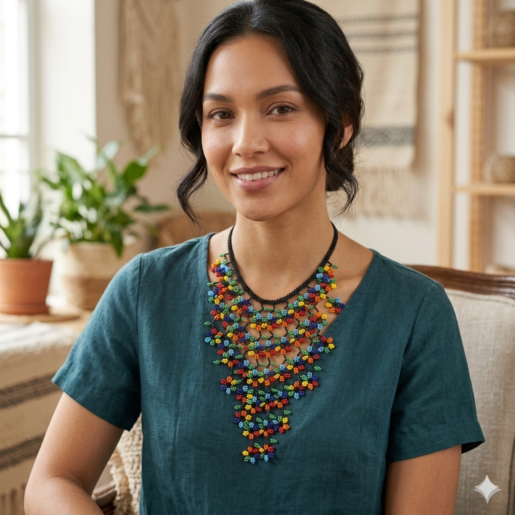 Portrait d'une femme souriante portant un grand collier plastron en perles multicolores de la marque Artisanat Zenka dans un décor intérieur chaleureux et lumineux.