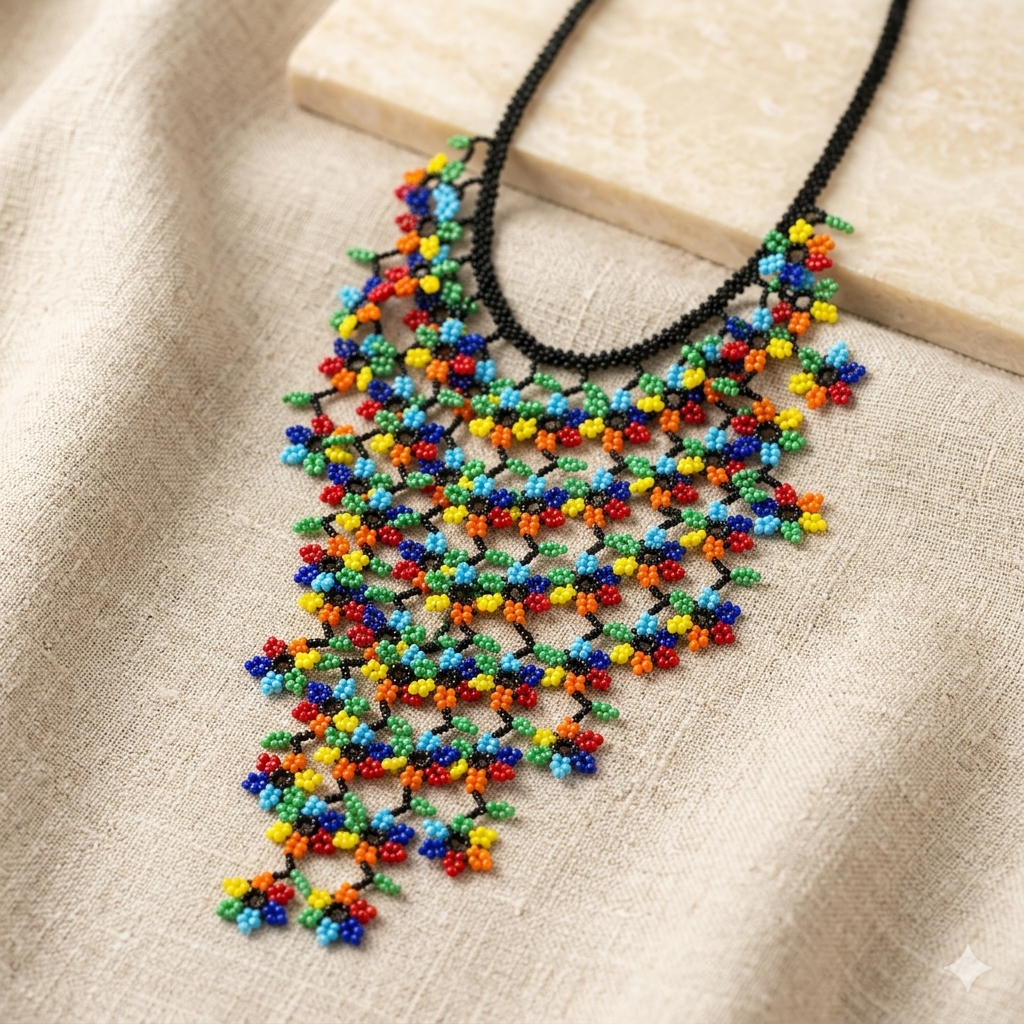 Vue rapprochée d'un collier plastron artisanal en perles multicolores aux motifs floraux, présenté sur un tissu en lin beige naturel et un support en marbre.