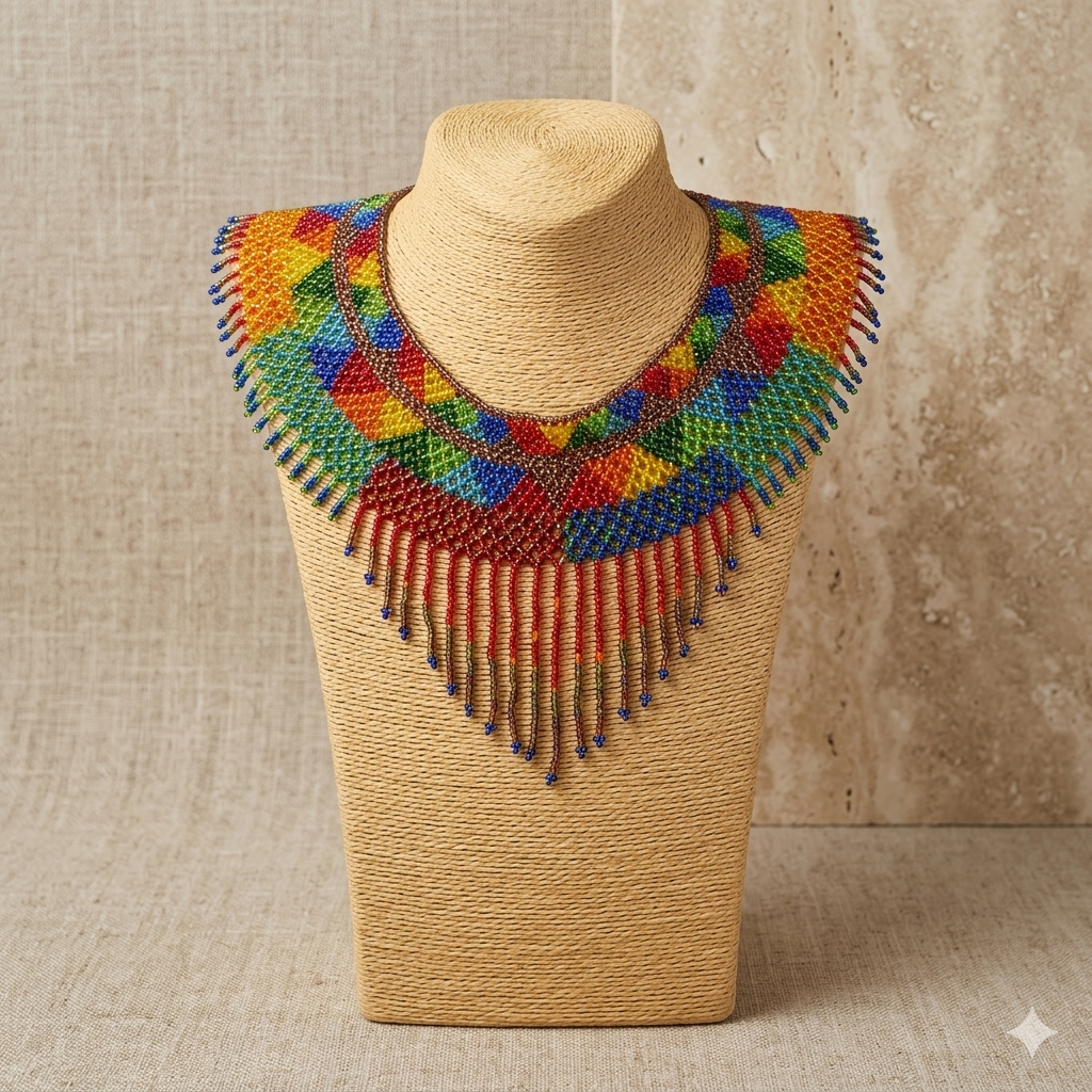 Collier plastron en perles multicolores de la collection Zenka exposé sur un buste de présentation beige avec un fond texturé élégant et neutre.