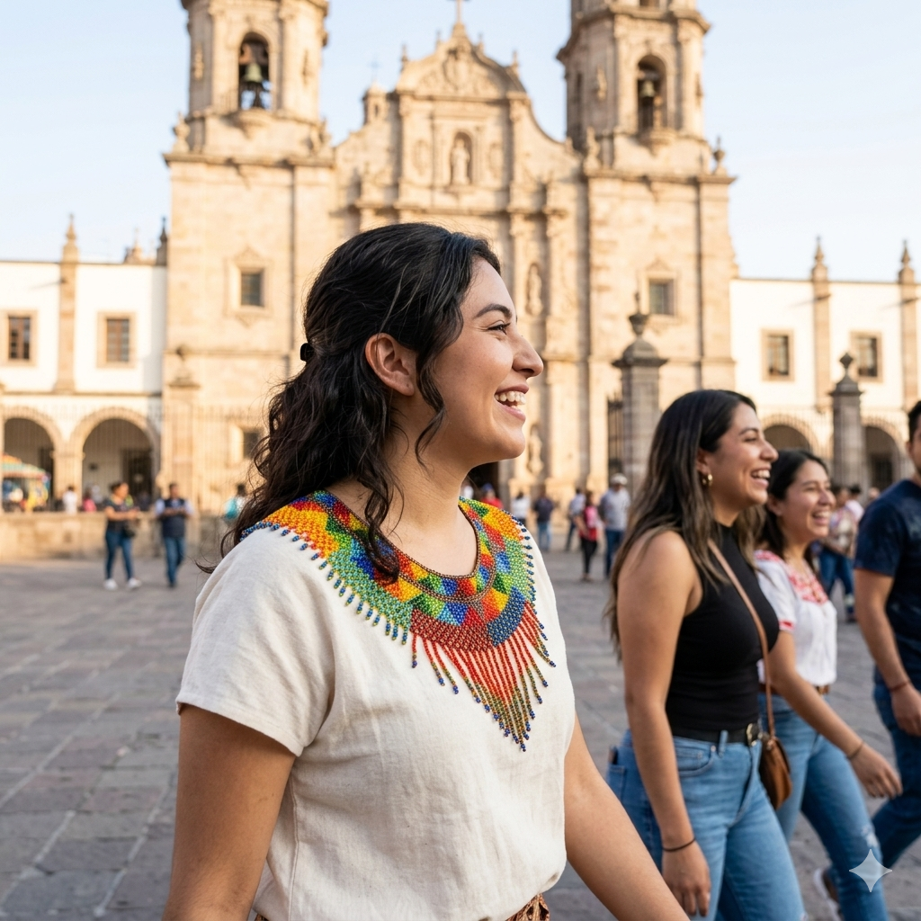 Profil d'une femme mexicaine portant le collier de perles Zenka lors d'une promenade devant la cathédrale de Zapopan avec ses amis.