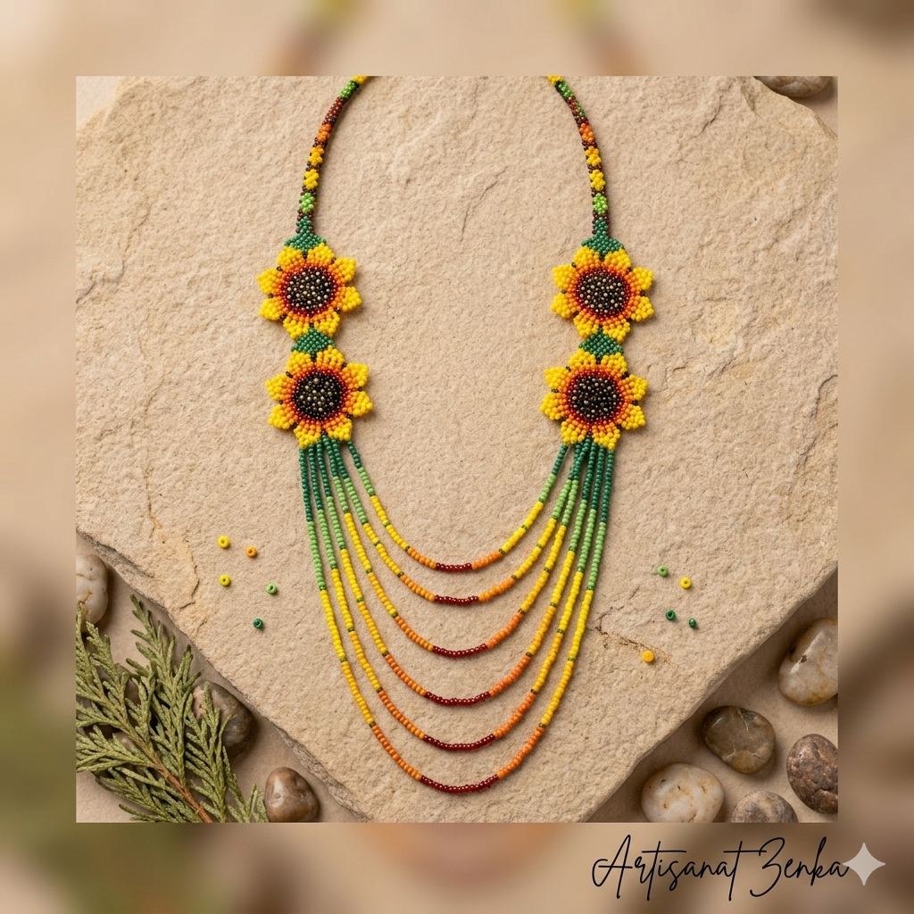 Vue de dessus d'un collier de perles tournesol posé sur une pierre naturelle avec la signature Artisanat Zenka.