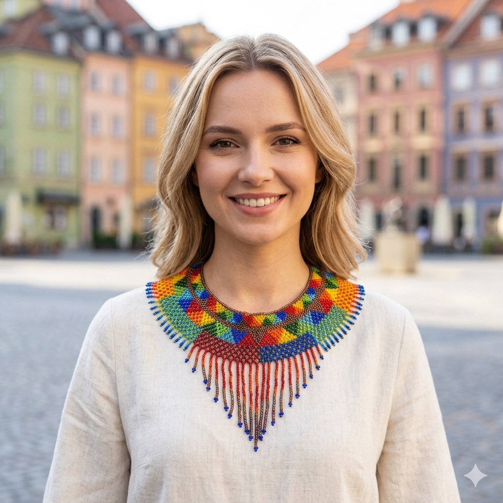 Gros plan d'une femme blonde souriante portant le grand collier de perles colorées Zenka dans le centre historique de Varsovie, Pologne.