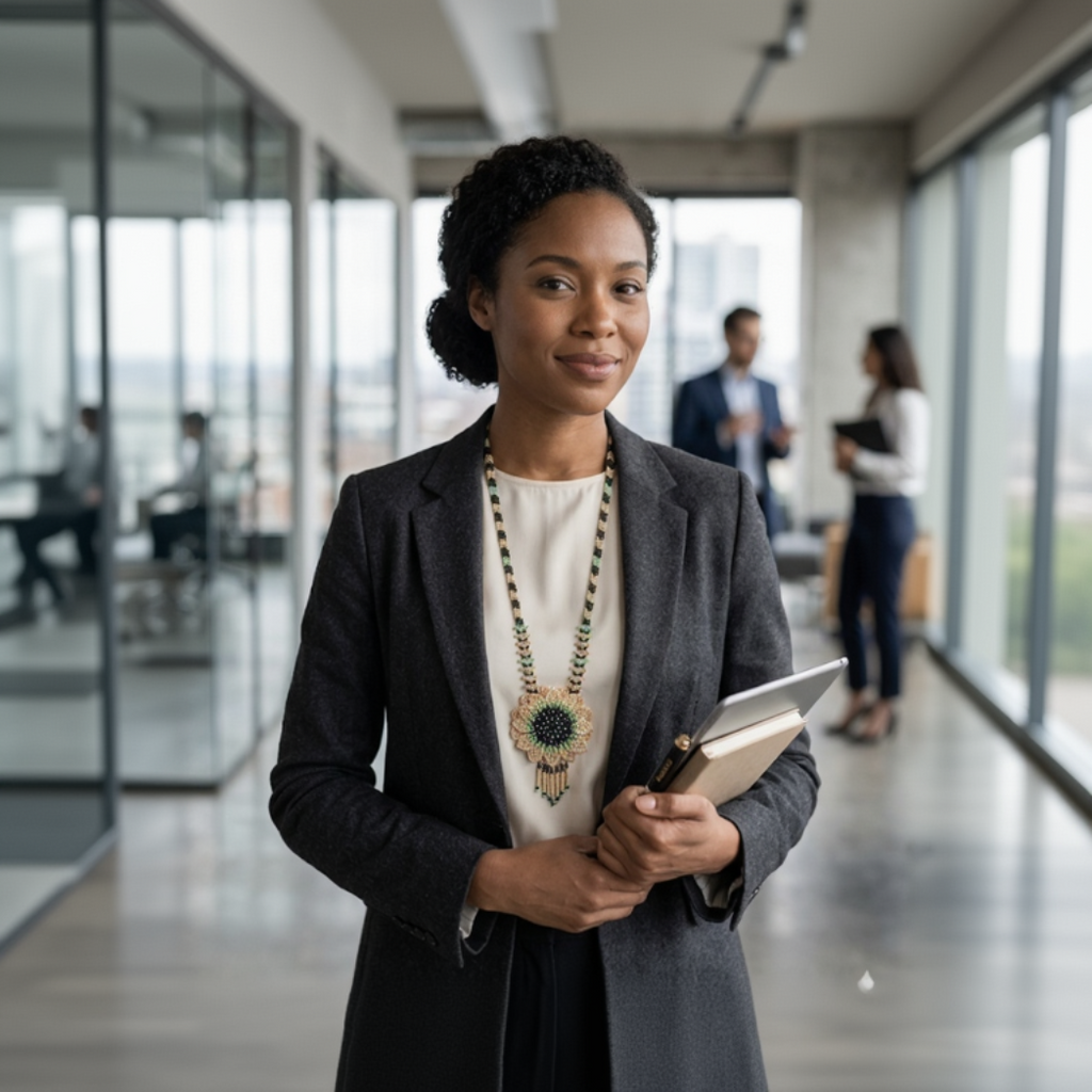 Femme d'affaires  portant un collier tournesol en perles dans un bureau moderne, illustrant l'élégance et le professionnalisme des créations Zenka.