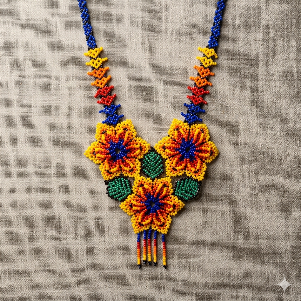 Gros plan d'un collier en perles tissées à la main avec trois fleurs centrales orange, jaune et bleue sur un fond en lin naturel beige.