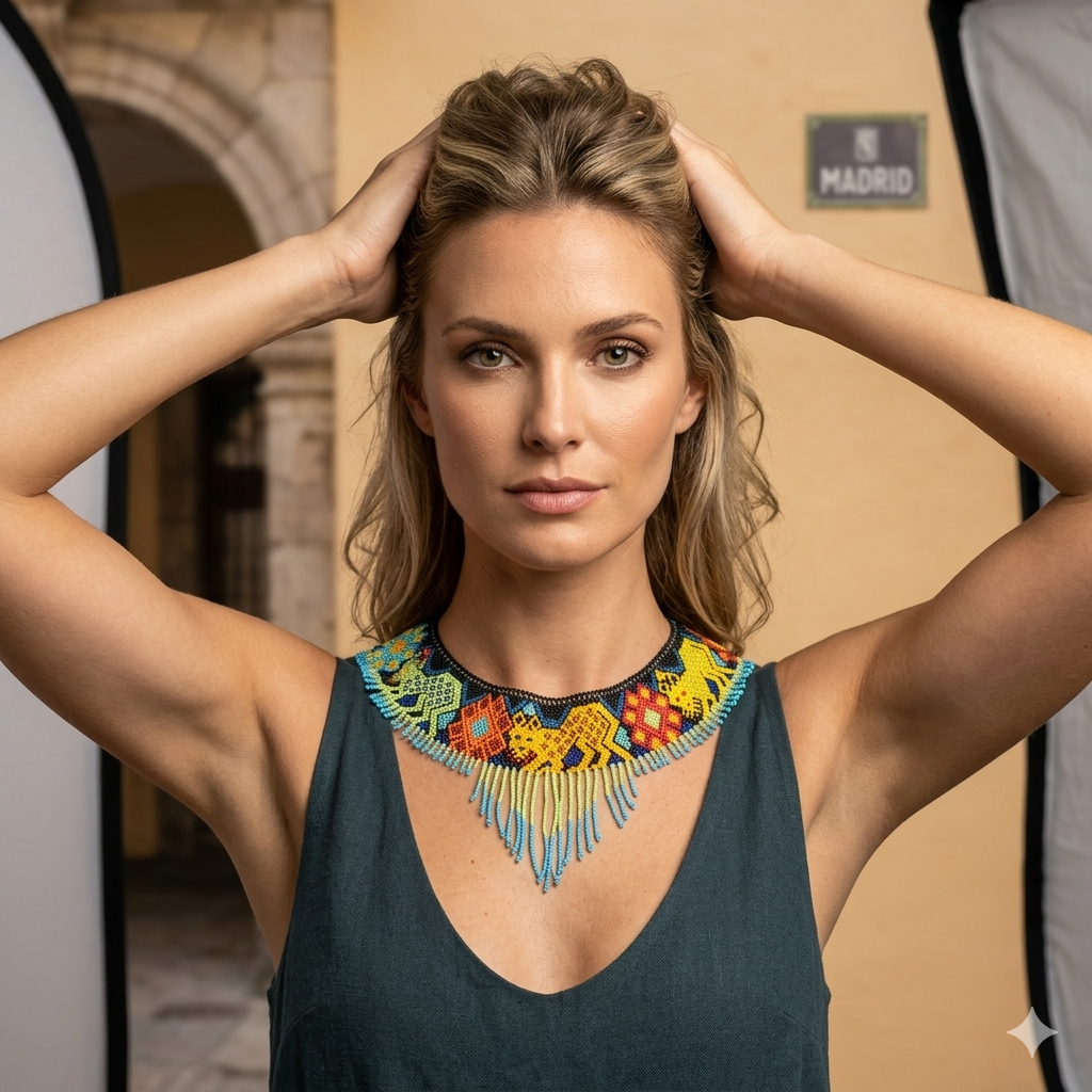 Mannequin blonde en studio de photo à Madrid tenant ses cheveux pour exposer clairement les motifs complexes et les franges du collier.