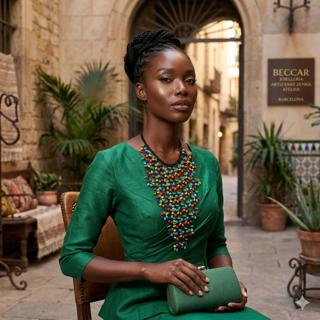 Mannequin portant un grand collier plastron en perles multicolores avec une robe vert émeraude devant un atelier à Barcelone.