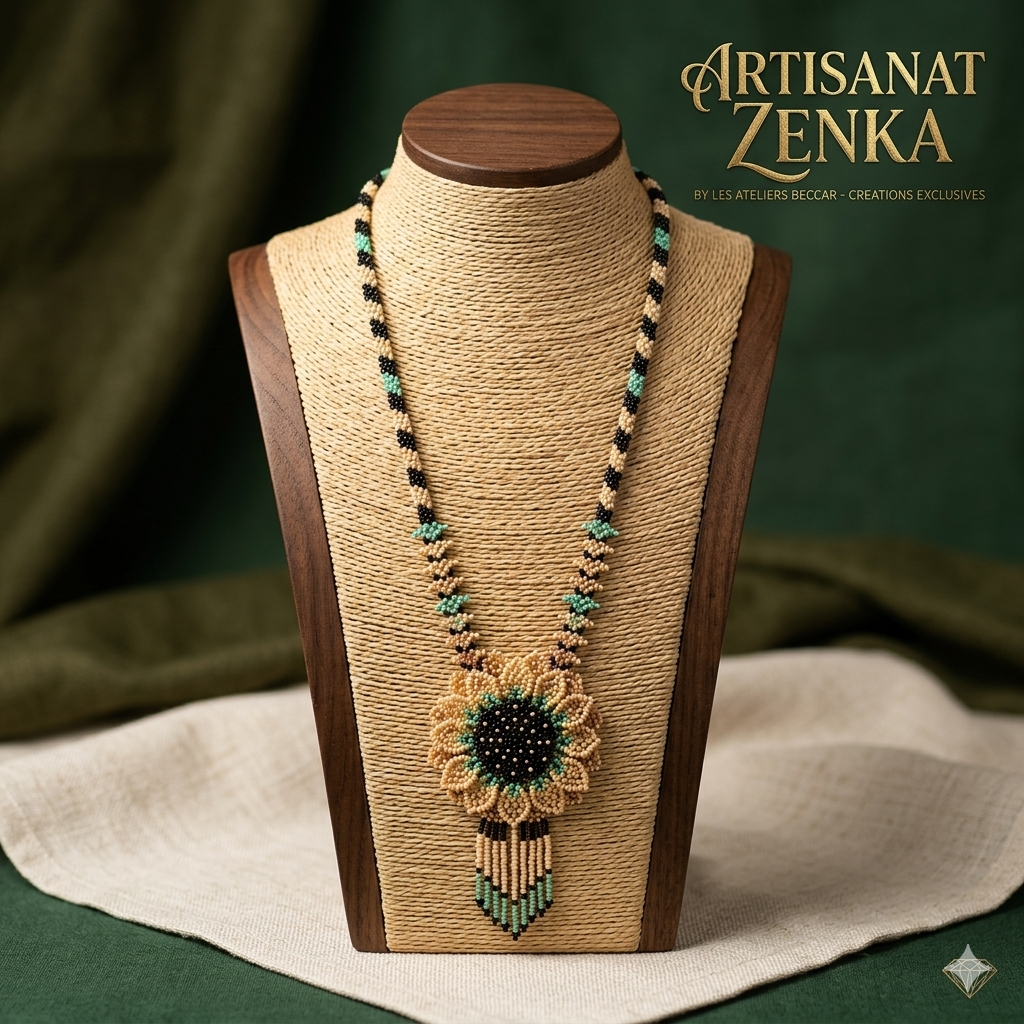 Collier de perles fait main avec un pendentif en forme de tournesol beige et vert, présenté sur un buste en bois devant un fond vert forêt élégant pour Artisanat Zenka.