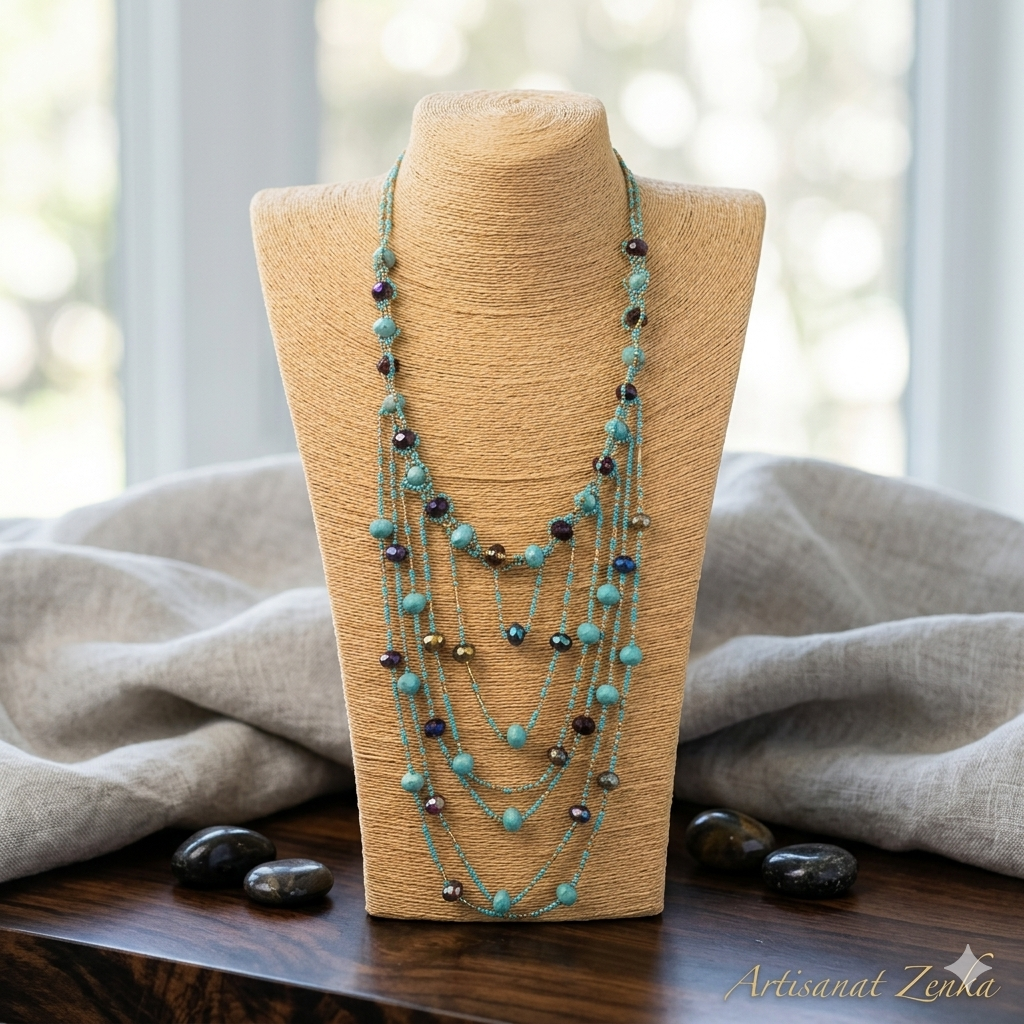 Image de produit professionnelle du collier sur buste avec fond flou lumineux, galets décoratifs et signature Artisanat Zenka.